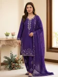 RICH LOOK CHINON SEQUENCE EMBROIDERY WORK TOP PATIYALA WITH DUPATTA PURPLE