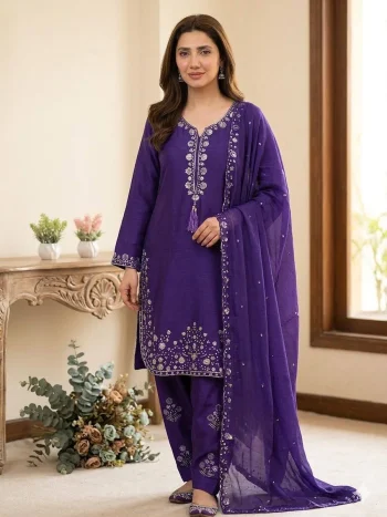 RICH LOOK CHINON SEQUENCE EMBROIDERY WORK TOP PATIYALA WITH DUPATTA PURPLE