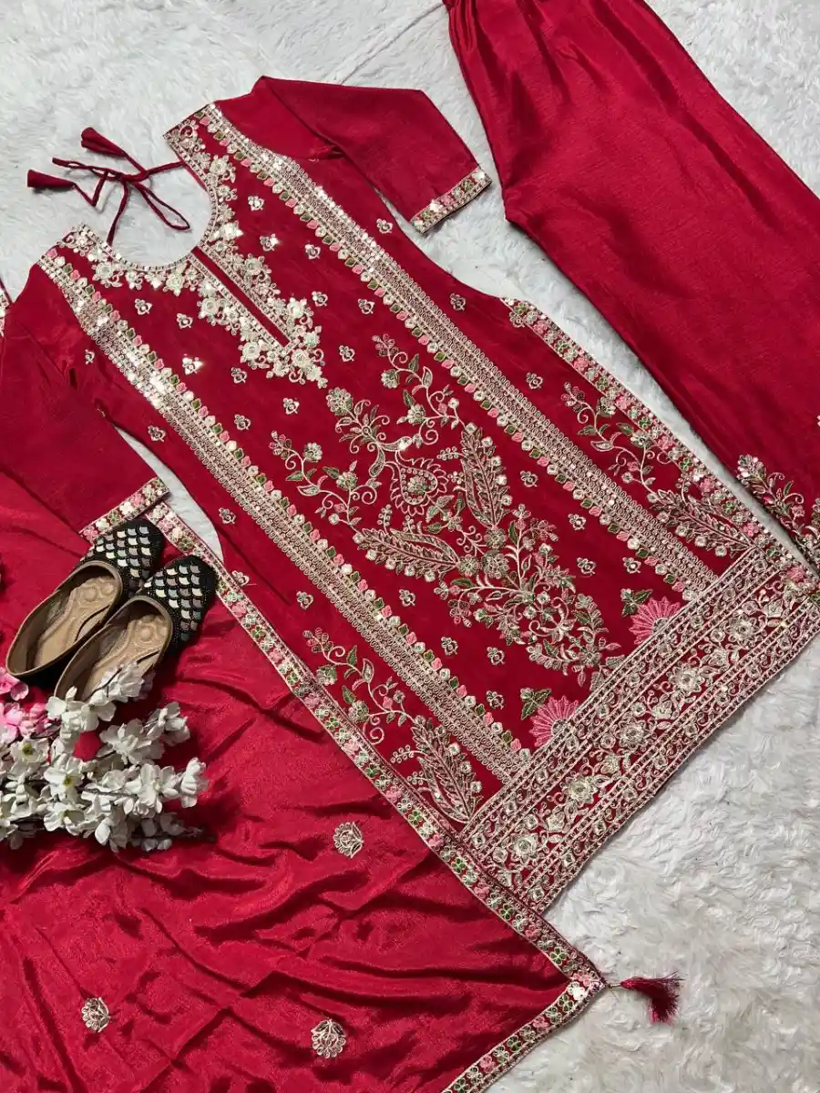 RICH LOOK CHINON SILK EMBROIDERY CODING SEQUENCE WORK TOP PALAZZO WITH DUPATTA WEDDING WEAR WHOLESALE PRICE ETHNIC GARMENT (10)