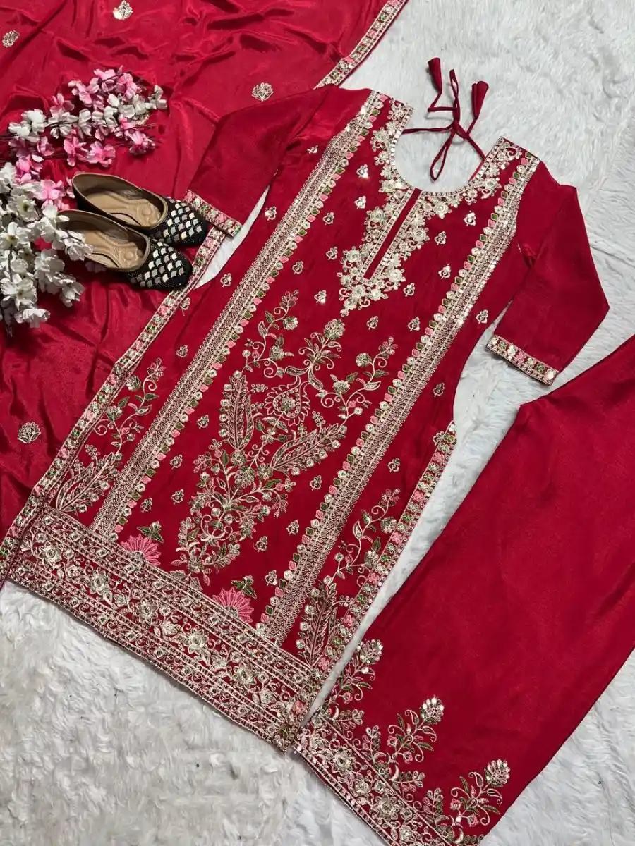 RICH LOOK CHINON SILK EMBROIDERY CODING SEQUENCE WORK TOP PALAZZO WITH DUPATTA WEDDING WEAR WHOLESALE PRICE ETHNIC GARMENT (12)
