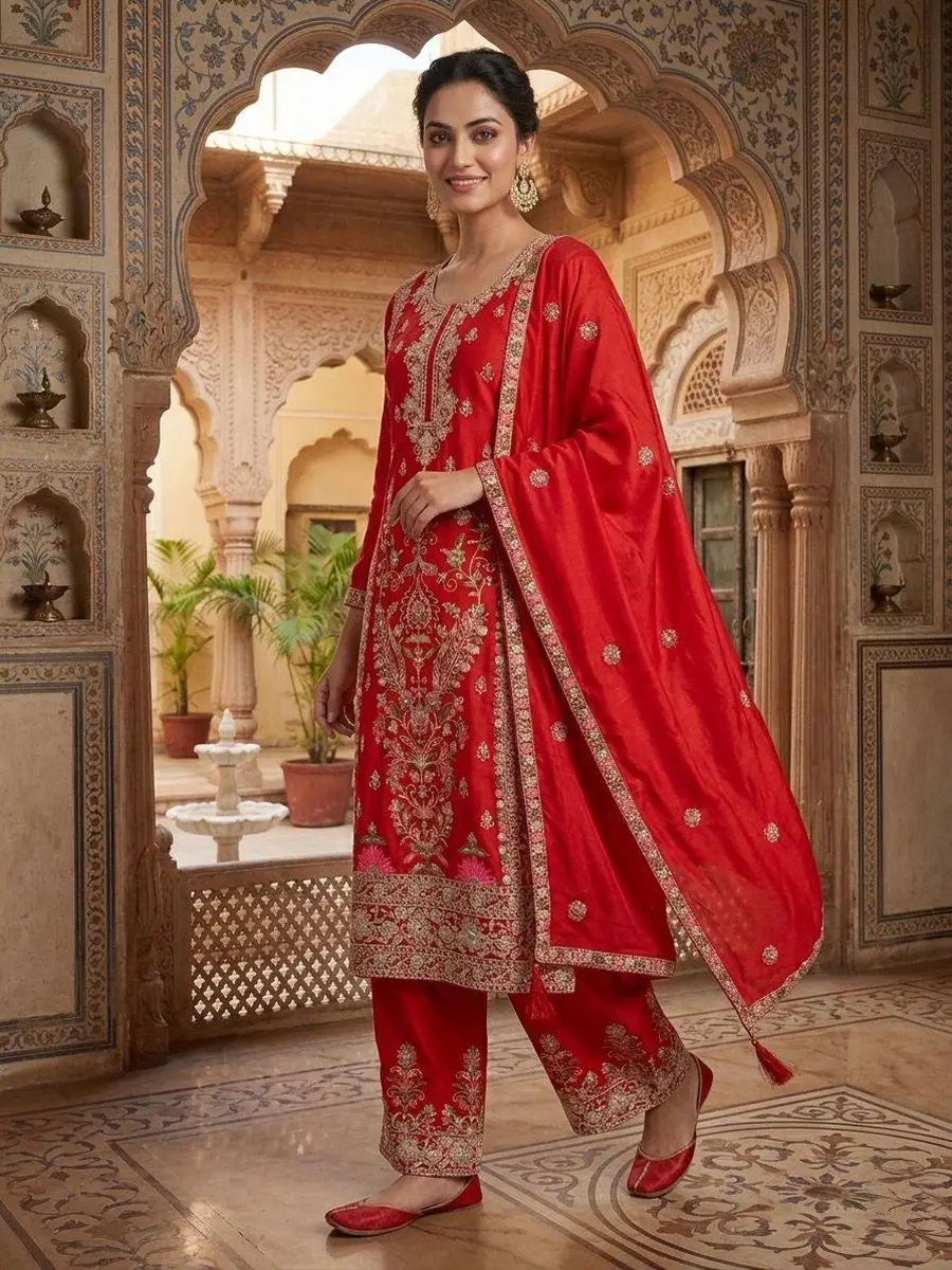 RICH LOOK CHINON SILK EMBROIDERY CODING SEQUENCE WORK TOP PALAZZO WITH DUPATTA WEDDING WEAR WHOLESALE PRICE ETHNIC GARMENT (2)