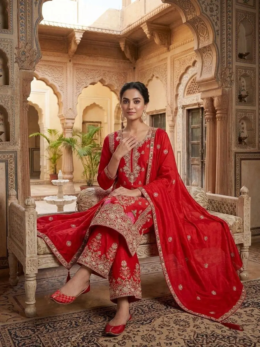 RICH LOOK CHINON SILK EMBROIDERY CODING SEQUENCE WORK TOP PALAZZO WITH DUPATTA WEDDING WEAR WHOLESALE PRICE ETHNIC GARMENT (5)