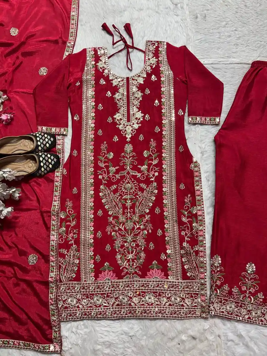 RICH LOOK CHINON SILK EMBROIDERY CODING SEQUENCE WORK TOP PALAZZO WITH DUPATTA WEDDING WEAR WHOLESALE PRICE ETHNIC GARMENT (8)