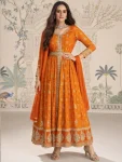RICH LOOK CHINON SILK EMBROIDERY SEQUENCE & CODING WITH DIGITAL PRINT WORK GOWN BOTTOM WITH DUPATTA ORANGE