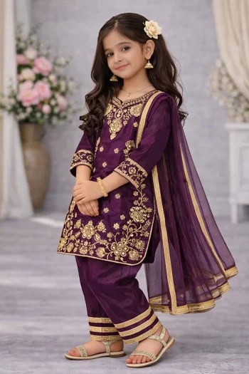 RICH LOOK CHINON SILK EMBROIDERY SEQUENCE WORK KID'S TOP BOTTOM WITH DUPATTA WINE