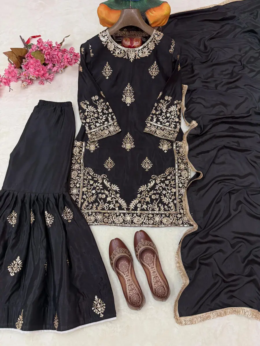 RICH LOOK CHINON SILK SEQUENCE & ZARI EMBROIDERY WORK TOP SHARARA WITH DUPATTA FESTIVE WEAR WHOLESALE PRICE ETHNIC GARMENT (1)