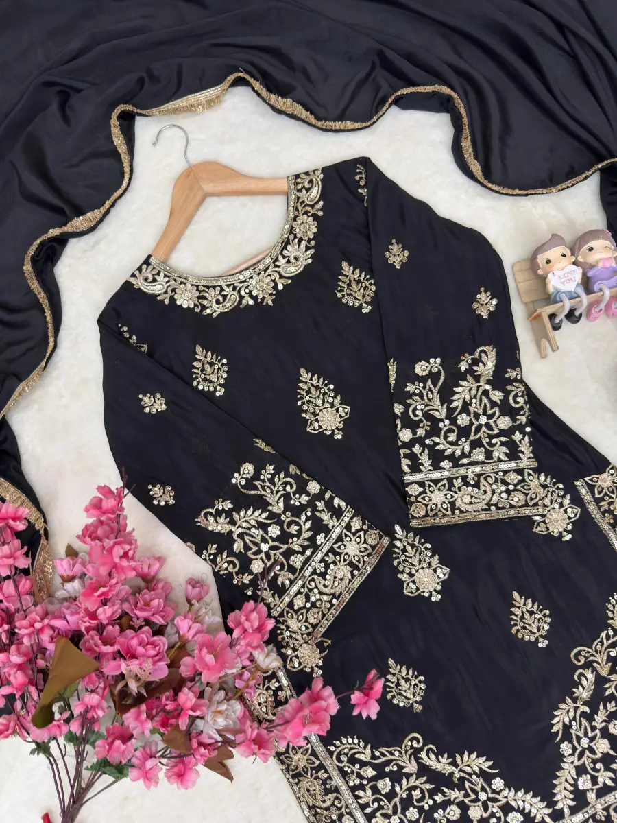RICH LOOK CHINON SILK SEQUENCE & ZARI EMBROIDERY WORK TOP SHARARA WITH DUPATTA FESTIVE WEAR WHOLESALE PRICE ETHNIC GARMENT (4)