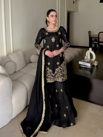 RICH LOOK CHINON SILK SEQUENCE & ZARI EMBROIDERY WORK TOP SHARARA WITH DUPATTA BLACK