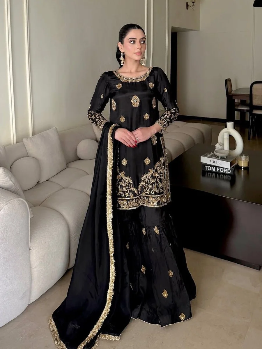 RICH LOOK CHINON SILK SEQUENCE & ZARI EMBROIDERY WORK TOP SHARARA WITH DUPATTA FESTIVE WEAR WHOLESALE PRICE ETHNIC GARMENT (5)