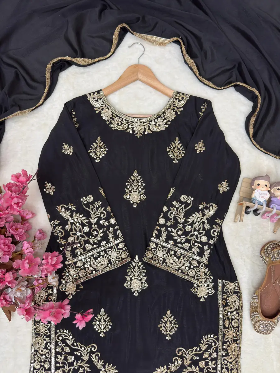 RICH LOOK CHINON SILK SEQUENCE & ZARI EMBROIDERY WORK TOP SHARARA WITH DUPATTA FESTIVE WEAR WHOLESALE PRICE ETHNIC GARMENT (6)