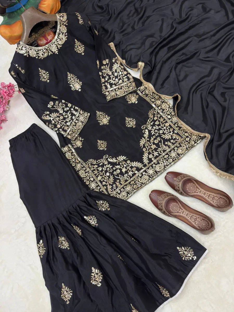 RICH LOOK CHINON SILK SEQUENCE & ZARI EMBROIDERY WORK TOP SHARARA WITH DUPATTA FESTIVE WEAR WHOLESALE PRICE ETHNIC GARMENT (8)