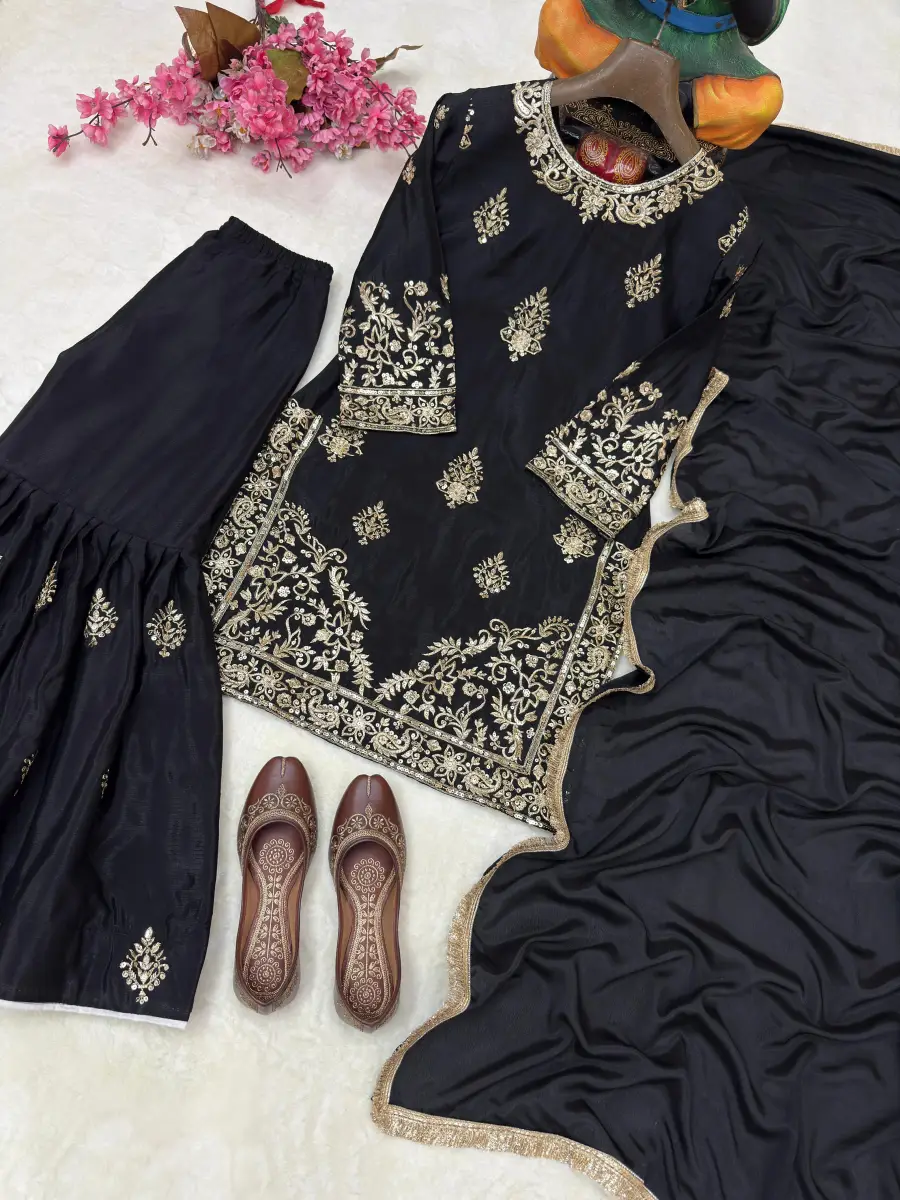 RICH LOOK CHINON SILK SEQUENCE & ZARI EMBROIDERY WORK TOP SHARARA WITH DUPATTA FESTIVE WEAR WHOLESALE PRICE ETHNIC GARMENT (9)
