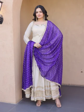 RICH LOOK COSMOS REAL MIRROR WITH ZARI EMBROIDERY LACE WORK GOWN WITH DUPATTA OFF WHITE AND PURPLE