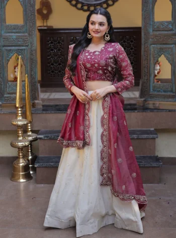 RICH LOOK COSMOS ZARI & SEQUENCE  EMBROIDERED WORK LEHENGA CHOLI WITH DUPATTA WINE
