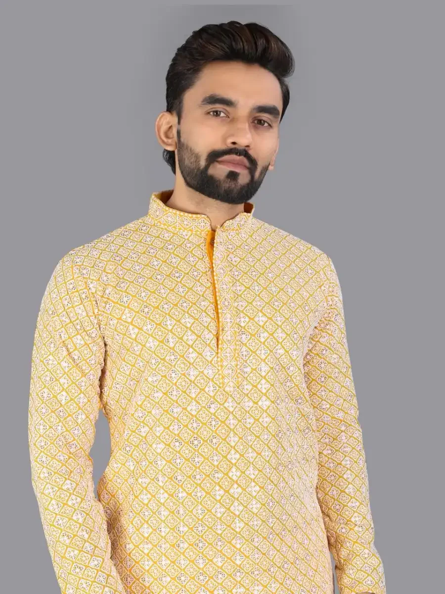 RICH LOOK COTTON CHIKANKARI EMBROIDERY WORK MEN'S KURTA PAYJAMA FESTIVE WEAR WHOLESALE PRICE ETHNIC GARMENT (6)