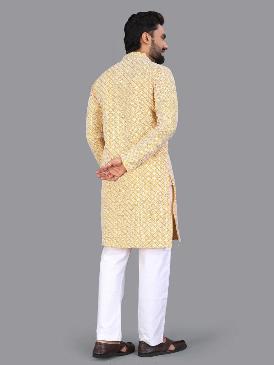 RICH LOOK COTTON CHIKANKARI EMBROIDERY WORK MEN'S KURTA PAYJAMA FESTIVE WEAR WHOLESALE PRICE ETHNIC GARMENT (8)