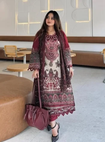 RICH LOOK COTTON PRINT WITH EMBROIDERY SEQUENCE WORK TOP BOTTOM WITH DUPATTA MAROON