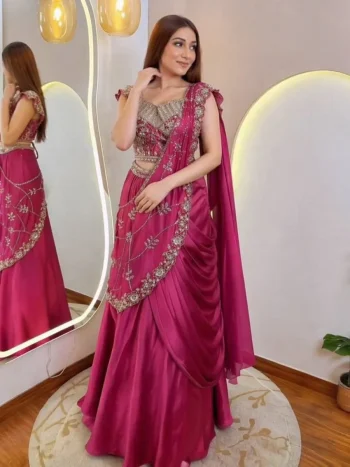 RICH LOOK CREPE SILK EMBROIDERY SEQUENCE WORK LEHENGA SAREE WITH STITCHED BLOUSE PINK