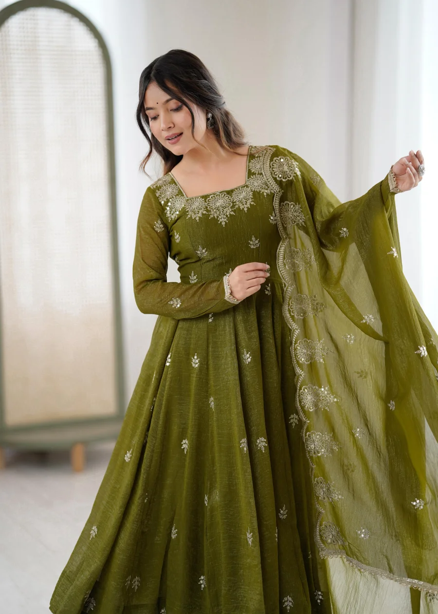 RICH LOOK CRUNCHY SILK EMBROIDERY SEQUENCE WORK GOWN BOTTOM WITH DUPATTA FESTIVE WEAR WHOLESALE PRICE ETHNIC GARMENT (1)