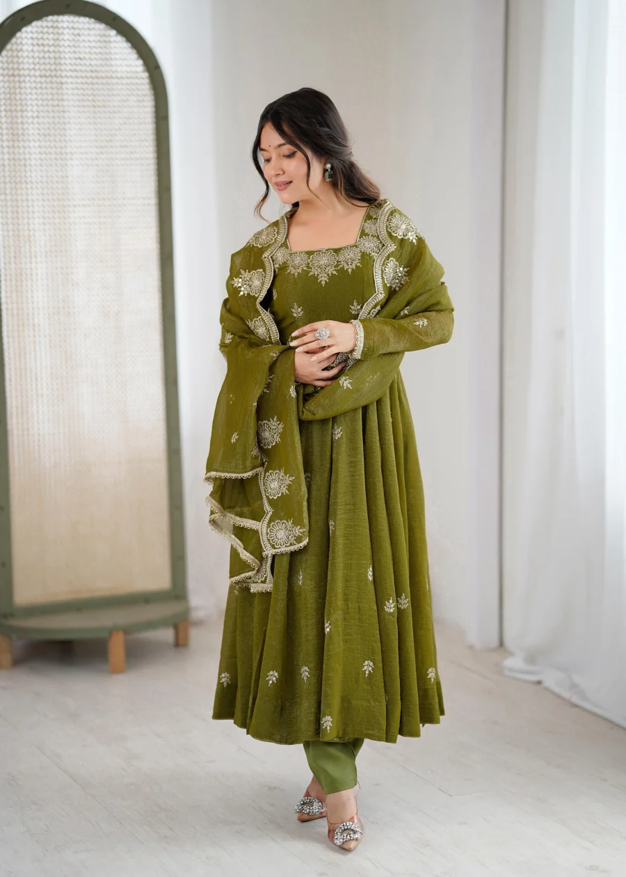 RICH LOOK CRUNCHY SILK EMBROIDERY SEQUENCE WORK GOWN BOTTOM WITH DUPATTA FESTIVE WEAR WHOLESALE PRICE ETHNIC GARMENT (12)