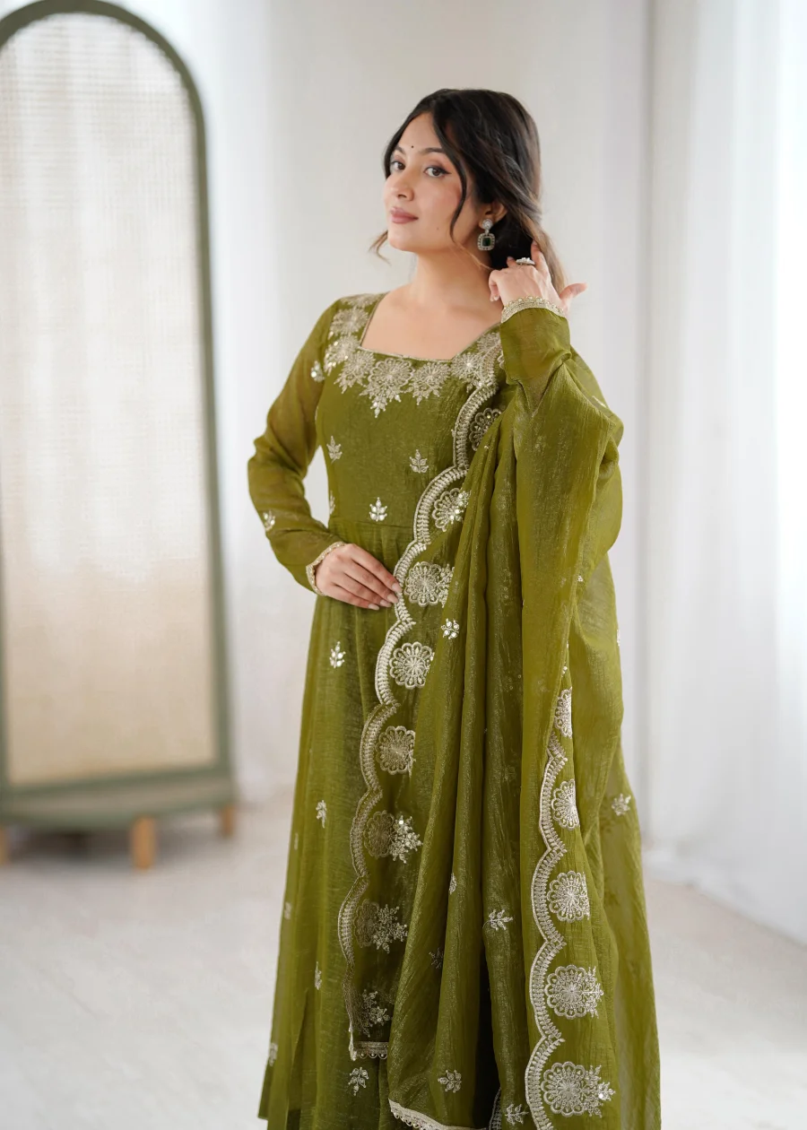 RICH LOOK CRUNCHY SILK EMBROIDERY SEQUENCE WORK GOWN BOTTOM WITH DUPATTA FESTIVE WEAR WHOLESALE PRICE ETHNIC GARMENT (13)