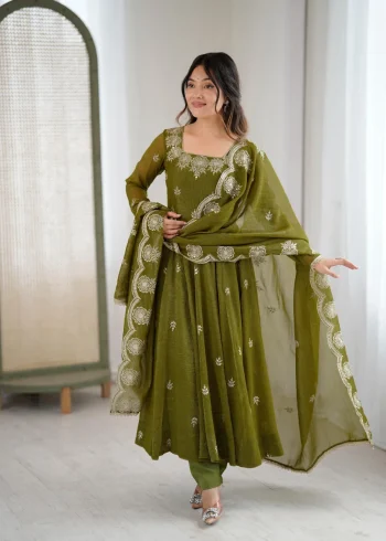 RICH LOOK CRUNCHY SILK EMBROIDERY SEQUENCE WORK GOWN BOTTOM WITH DUPATTA GREEN
