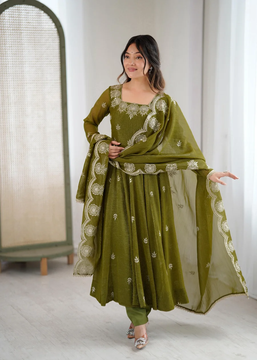 RICH LOOK CRUNCHY SILK EMBROIDERY SEQUENCE WORK GOWN BOTTOM WITH DUPATTA FESTIVE WEAR WHOLESALE PRICE ETHNIC GARMENT (2)