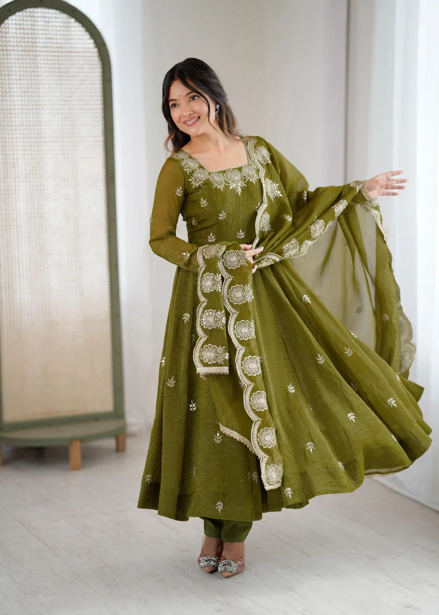 RICH LOOK CRUNCHY SILK EMBROIDERY SEQUENCE WORK GOWN BOTTOM WITH DUPATTA FESTIVE WEAR WHOLESALE PRICE ETHNIC GARMENT (3)