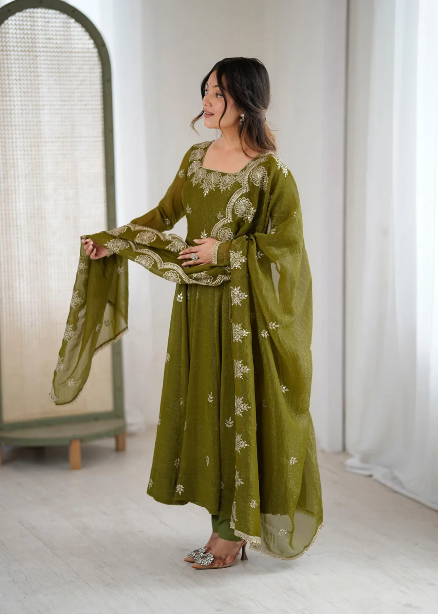 RICH LOOK CRUNCHY SILK EMBROIDERY SEQUENCE WORK GOWN BOTTOM WITH DUPATTA FESTIVE WEAR WHOLESALE PRICE ETHNIC GARMENT (5)