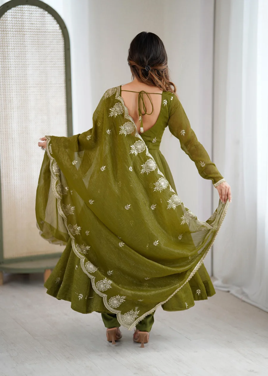 RICH LOOK CRUNCHY SILK EMBROIDERY SEQUENCE WORK GOWN BOTTOM WITH DUPATTA FESTIVE WEAR WHOLESALE PRICE ETHNIC GARMENT (8)