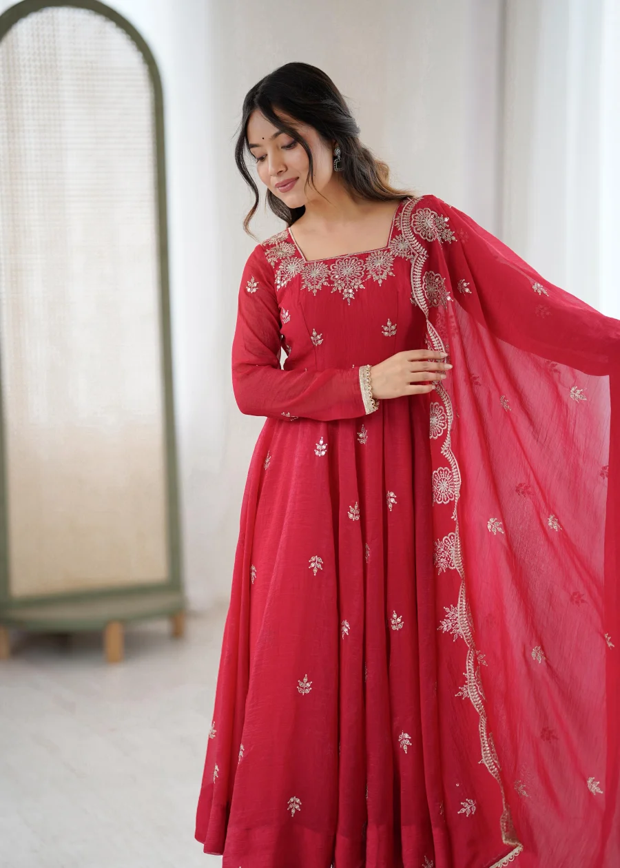 RICH LOOK CRUNCHY SILK EMBROIDERY SEQUENCE WORK GOWN BOTTOM WITH DUPATTA WEDDING WEAR WHOLESALE PRICE ETHNIC GARMENT (1)