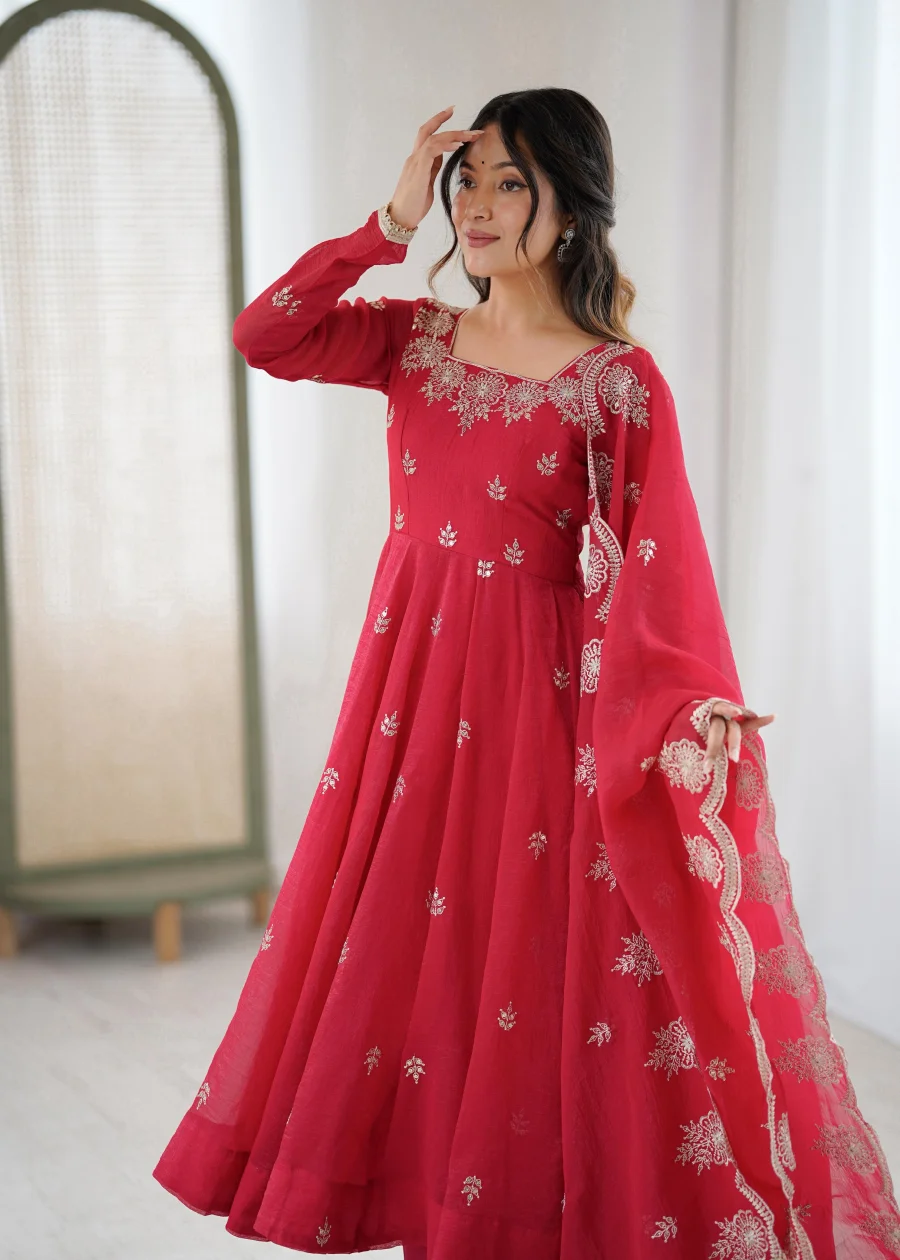 RICH LOOK CRUNCHY SILK EMBROIDERY SEQUENCE WORK GOWN BOTTOM WITH DUPATTA WEDDING WEAR WHOLESALE PRICE ETHNIC GARMENT (16)