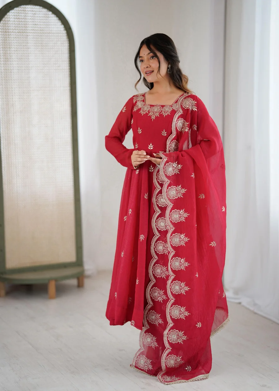RICH LOOK CRUNCHY SILK EMBROIDERY SEQUENCE WORK GOWN BOTTOM WITH DUPATTA WEDDING WEAR WHOLESALE PRICE ETHNIC GARMENT (3)