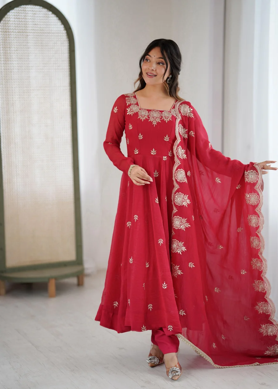 RICH LOOK CRUNCHY SILK EMBROIDERY SEQUENCE WORK GOWN BOTTOM WITH DUPATTA WEDDING WEAR WHOLESALE PRICE ETHNIC GARMENT (6)
