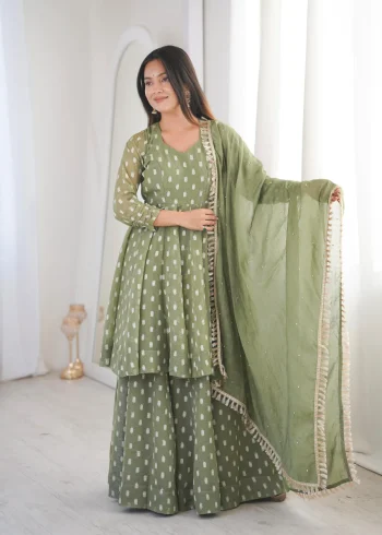 RICH LOOK CRUNCHY SILK JACQUARD BUTTI WORK TOP PALAZZO WITH DUPATTA PISTA