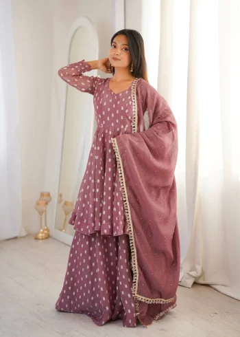RICH LOOK CRUNCHY SILK JACQUARD BUTTI WORK TOP PALAZZO WITH DUPATTA LAVENDER