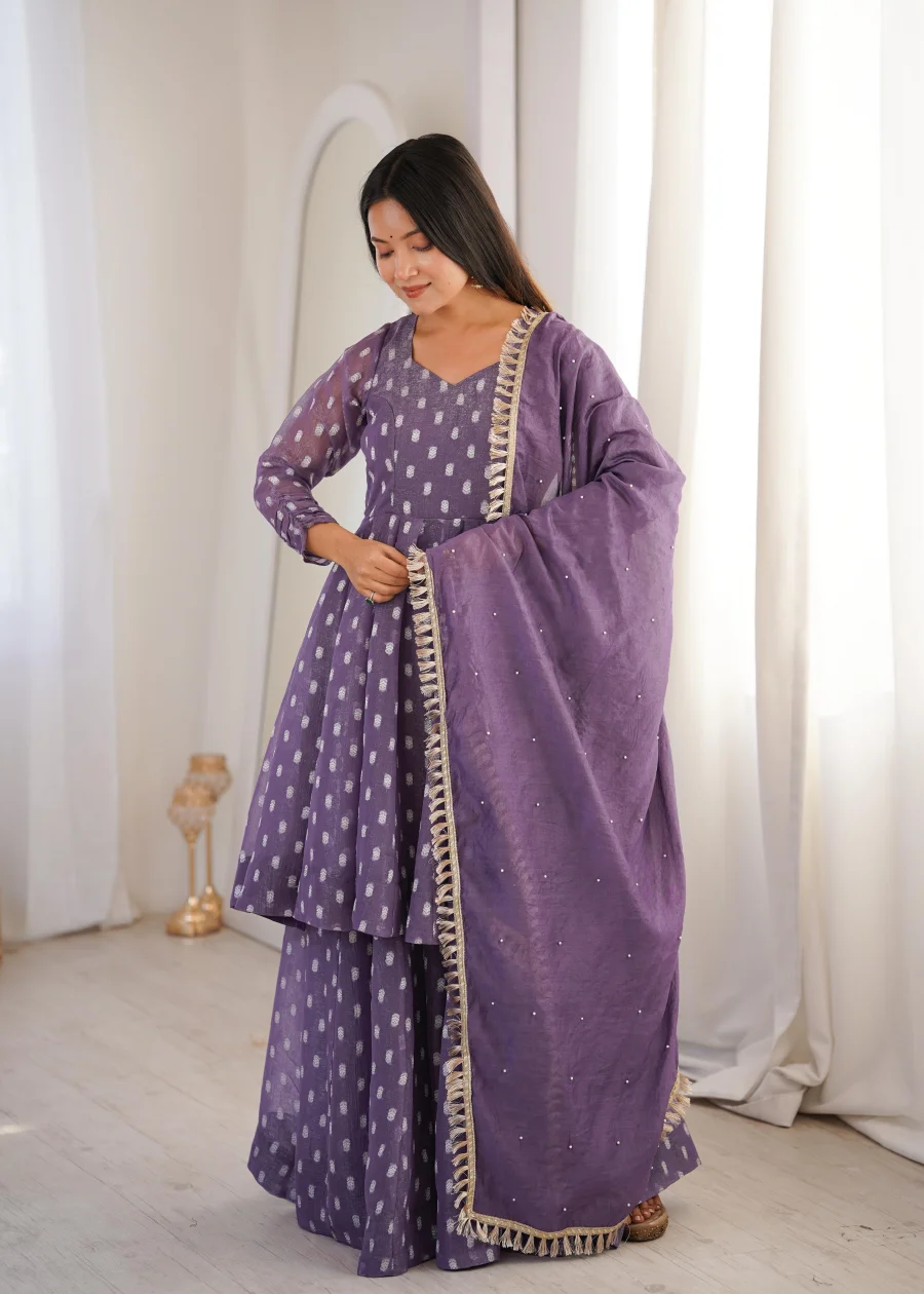 RICH LOOK CRUNCHY SILK JACQUARD BUTTI WORK TOP PALAZZO WITH DUPATTA WEDDING WEAR WHOLESALE PRICE ETHNIC GARMENT (2)