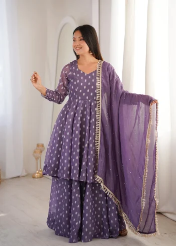 RICH LOOK CRUNCHY SILK JACQUARD BUTTI WORK TOP PALAZZO WITH DUPATTA PURPLE
