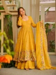 RICH LOOK CRUNCHY SILK SEQUENCE MULTI EMBROIDERY WORK GOWN PALAZZO WITH DUPATTA YELLOW