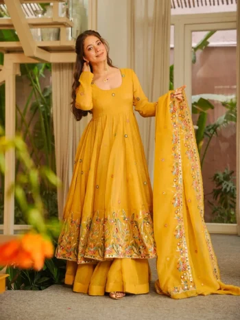 RICH LOOK CRUNCHY SILK SEQUENCE MULTI EMBROIDERY WORK GOWN PALAZZO WITH DUPATTA YELLOW