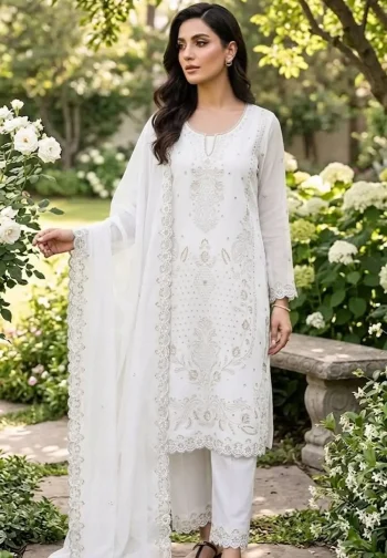 RICH LOOK CRUNCHY SILK THREAD & SEQUENCE WORK TOP PALAZZO WITH DUPATTA WHITE