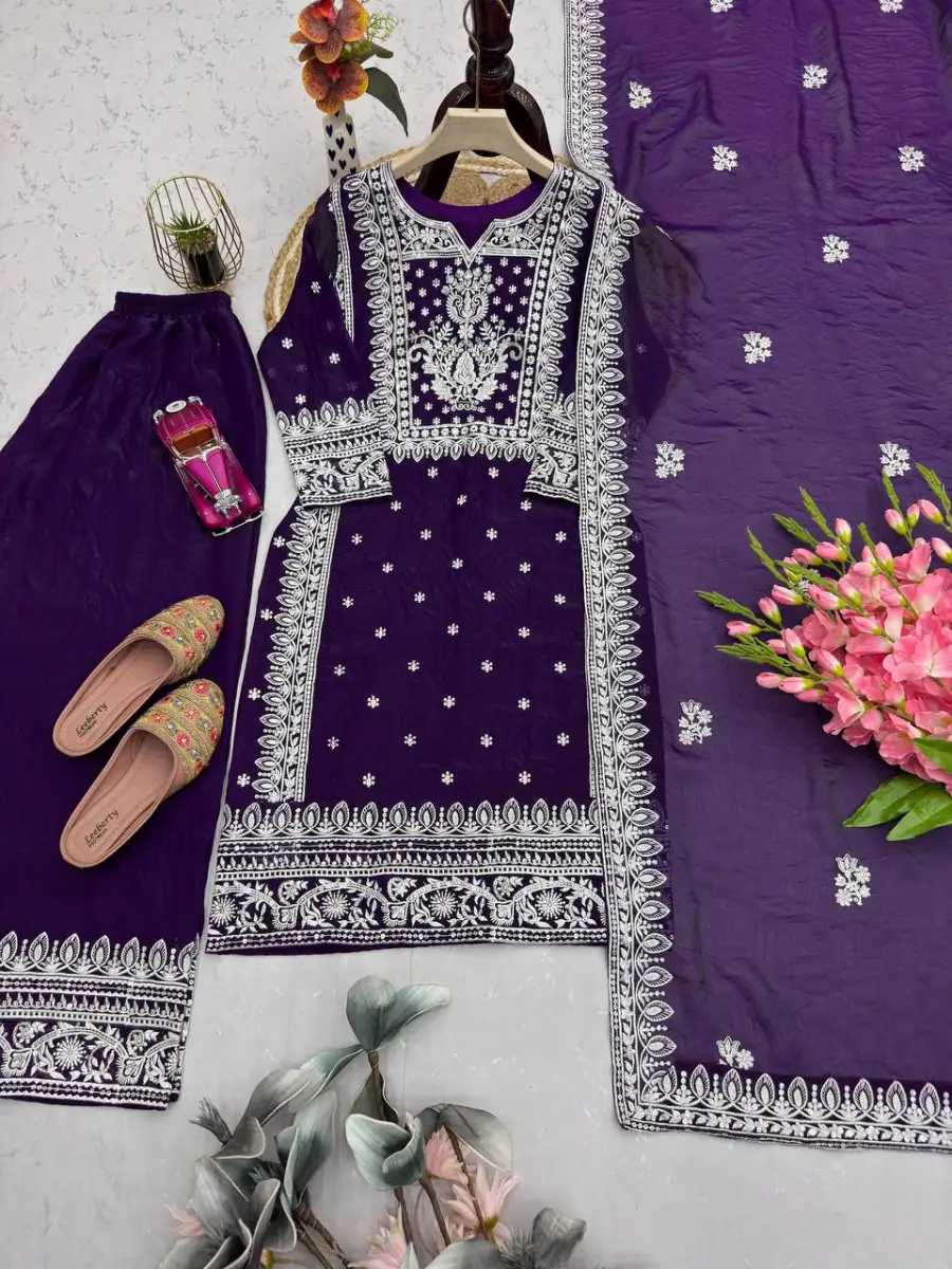 RICH LOOK FENDY CHINON EMBROIDERY COTTON THREAD & SEQUENCE WORK TOP PALAZZO WITH DUPATTA WEDDING WEAR WHOLESALE PRICE ETHNIC GARMENT (1)
