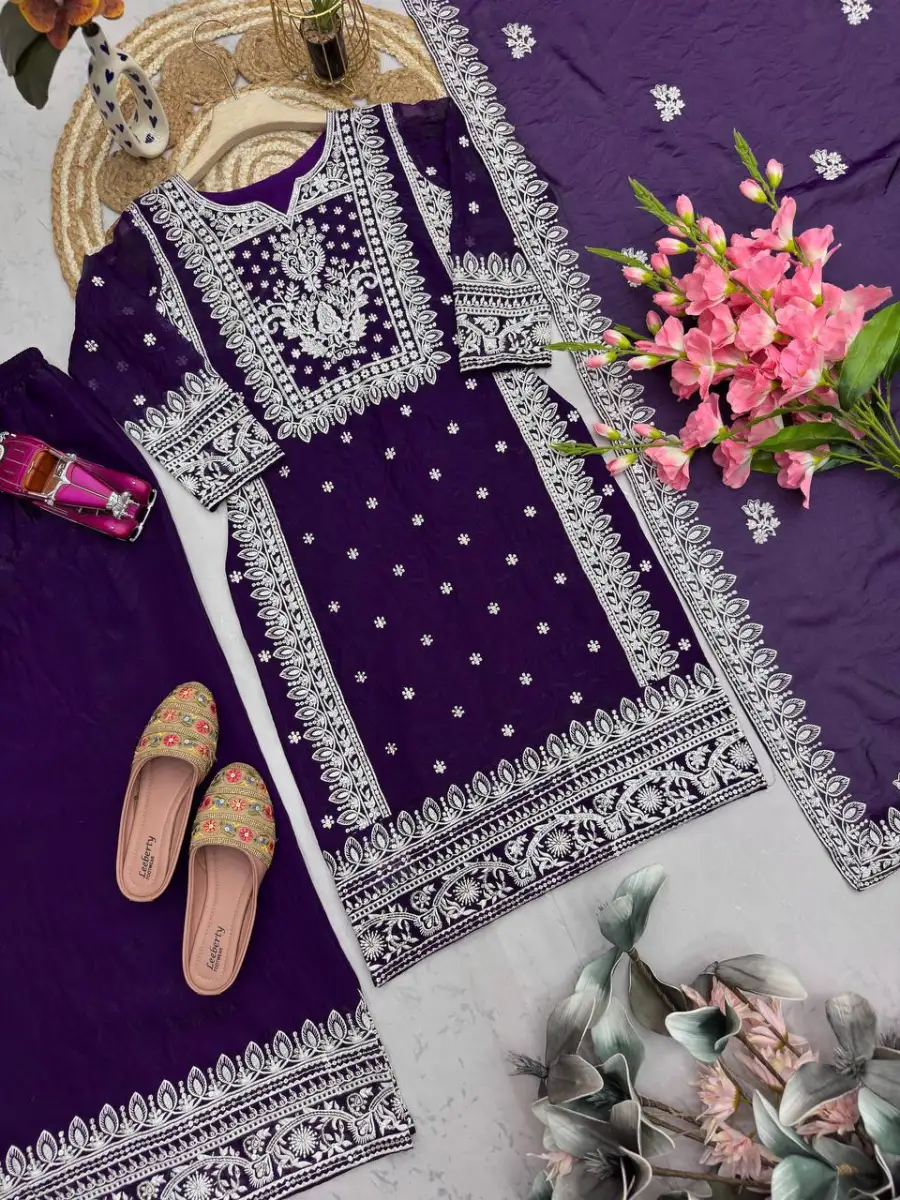 RICH LOOK FENDY CHINON EMBROIDERY COTTON THREAD & SEQUENCE WORK TOP PALAZZO WITH DUPATTA WEDDING WEAR WHOLESALE PRICE ETHNIC GARMENT (10)