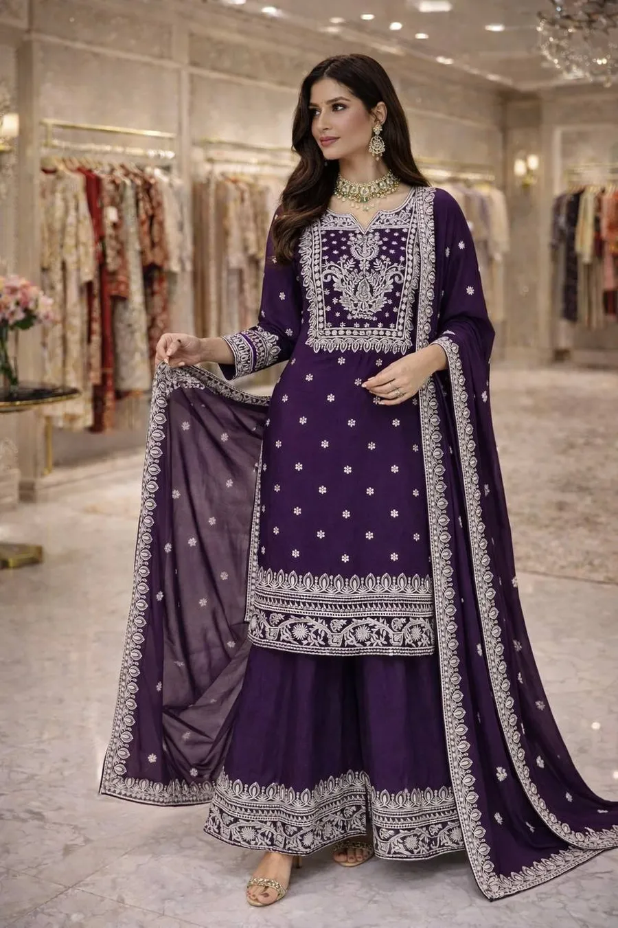 RICH LOOK FENDY CHINON EMBROIDERY COTTON THREAD & SEQUENCE WORK TOP PALAZZO WITH DUPATTA WEDDING WEAR WHOLESALE PRICE ETHNIC GARMENT (2)