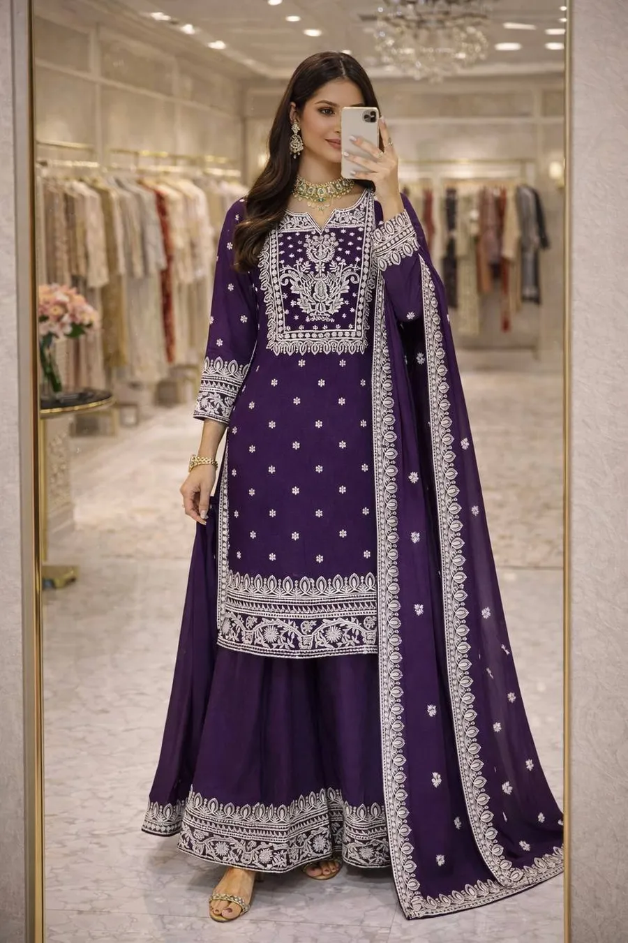 RICH LOOK FENDY CHINON EMBROIDERY COTTON THREAD & SEQUENCE WORK TOP PALAZZO WITH DUPATTA WEDDING WEAR WHOLESALE PRICE ETHNIC GARMENT (5)