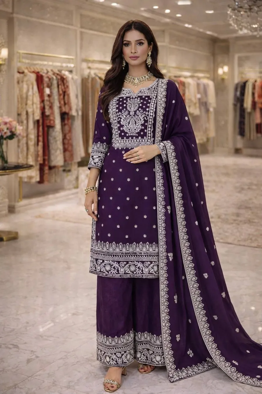RICH LOOK FENDY CHINON EMBROIDERY COTTON THREAD & SEQUENCE WORK TOP PALAZZO WITH DUPATTA WEDDING WEAR WHOLESALE PRICE ETHNIC GARMENT (6)