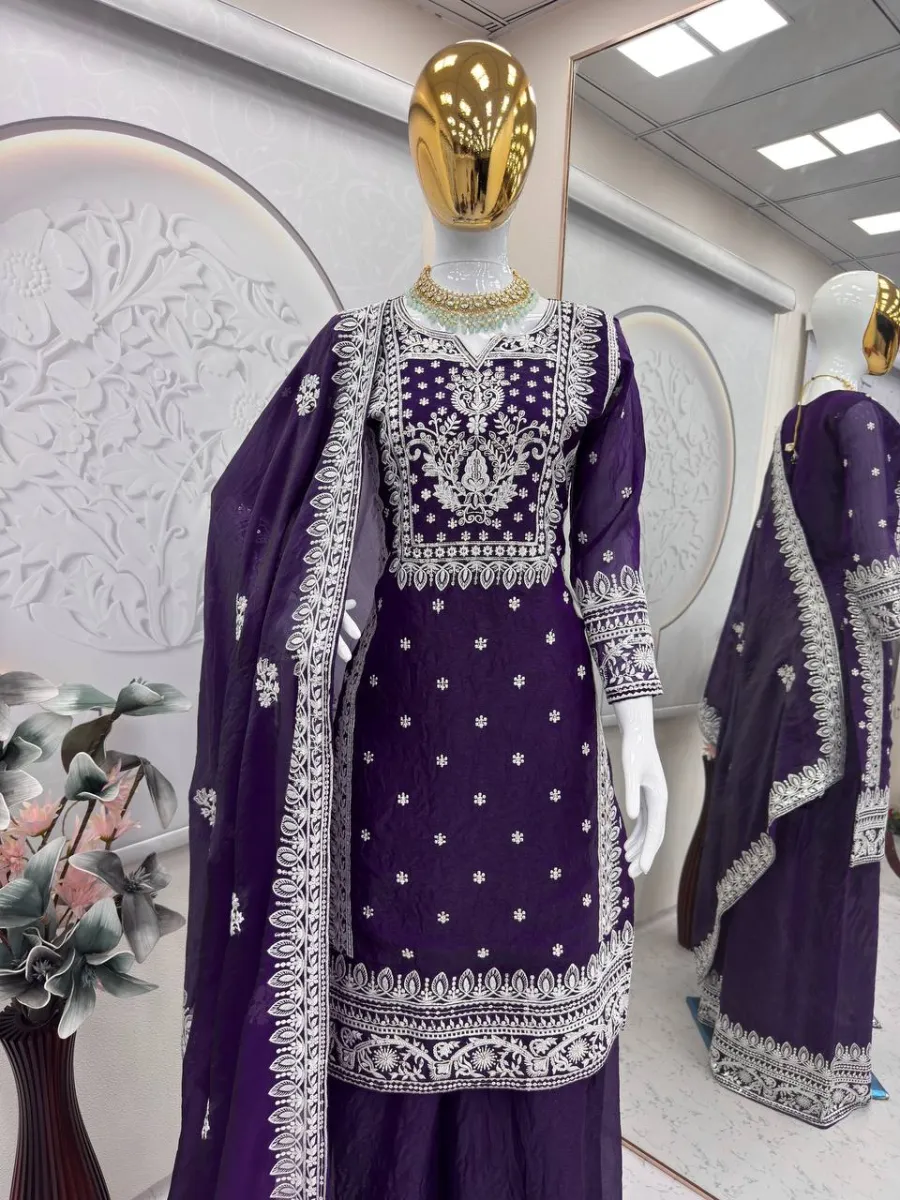 RICH LOOK FENDY CHINON EMBROIDERY COTTON THREAD & SEQUENCE WORK TOP PALAZZO WITH DUPATTA WEDDING WEAR WHOLESALE PRICE ETHNIC GARMENT (8)