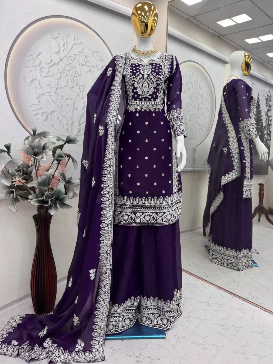 RICH LOOK FENDY CHINON EMBROIDERY COTTON THREAD & SEQUENCE WORK TOP PALAZZO WITH DUPATTA WEDDING WEAR WHOLESALE PRICE ETHNIC GARMENT (9)