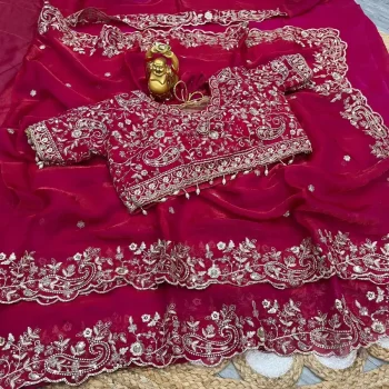 RICH LOOK FENDY SATIN EMBROIDERY AND SILVER ZARI THREAD WORK WITH ARC CUT BORDER SAREE WITH UNSTITCHED BLOUSE RANI