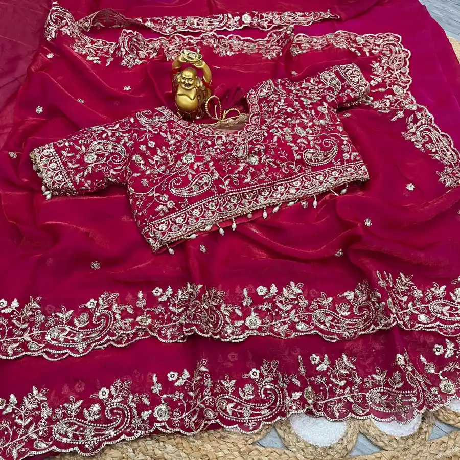 RICH LOOK FENDY SATIN EMBROIDERY AND SILVER ZARI THREAD WORK WITH ARC CUT BORDER SAREE WITH UNSTITCHED BLOUSE WEDDING WEAR WHOLESALE PRICE ETHNIC GARMENT (1)